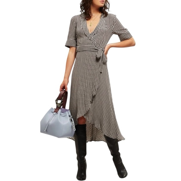 GANNI Gingham Crepe De Chin Black White Check True Wrap Dress Women’s Large - Picture 2 of 15